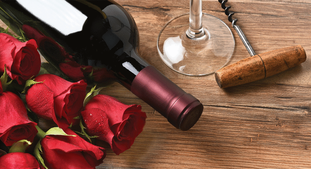 wine and red roses