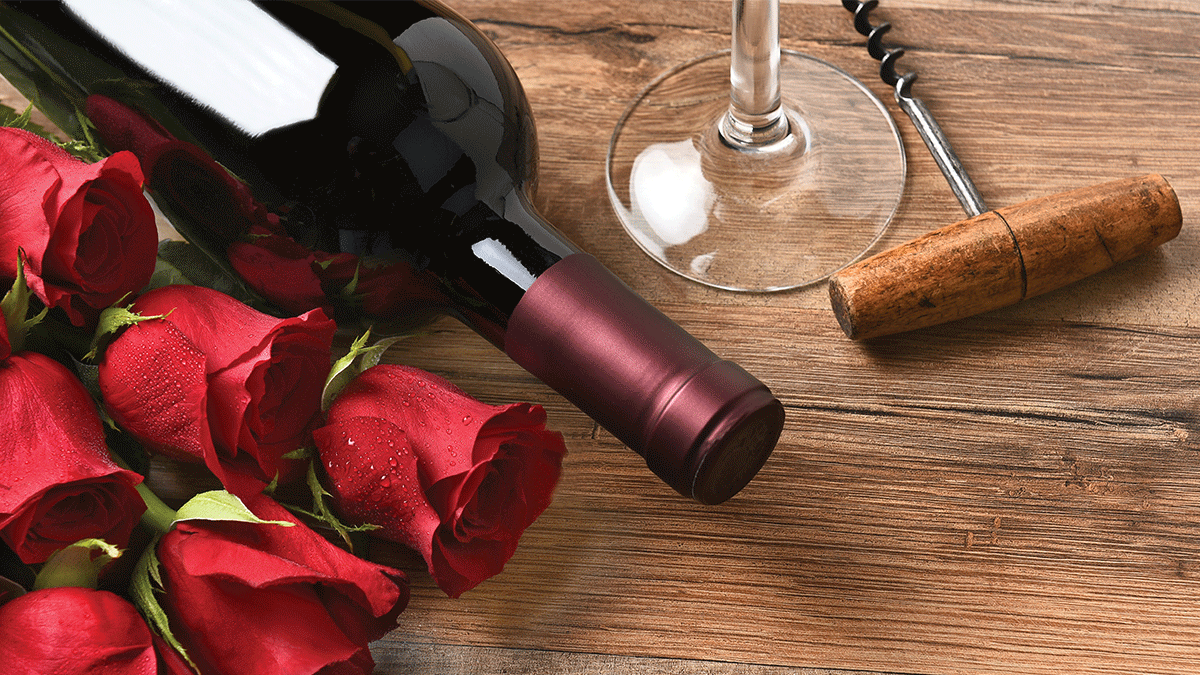 wine and red roses