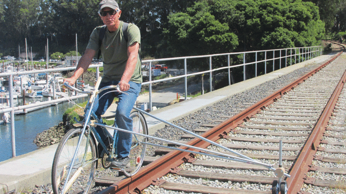 This Man Bikes the Railroad Tracks. Can he do that? rail bikes Santa Cruz