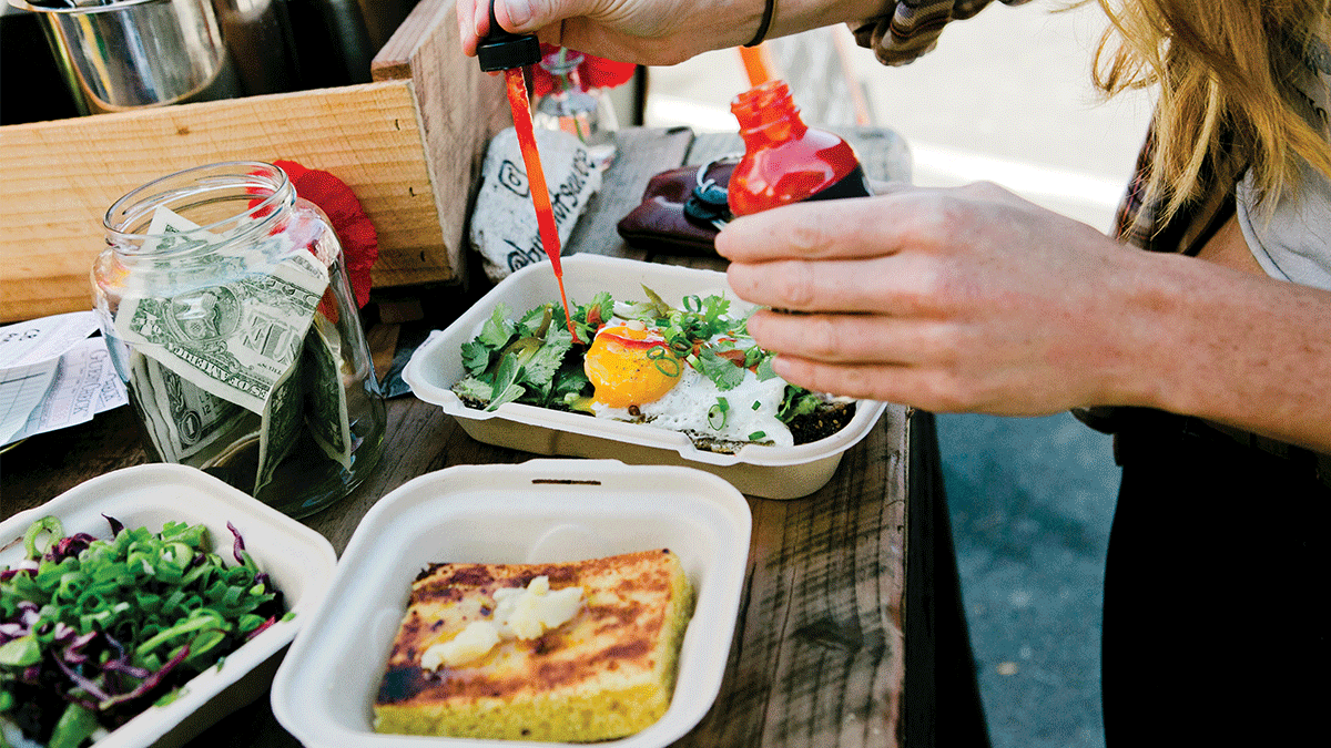 Burn Hot Sauce serve breakfast at the Westside Farmers Market in Santa Cruz