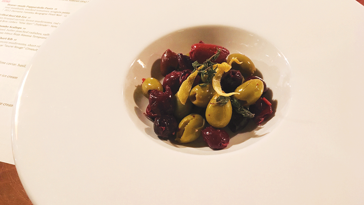 olives at Soif, holiday wine