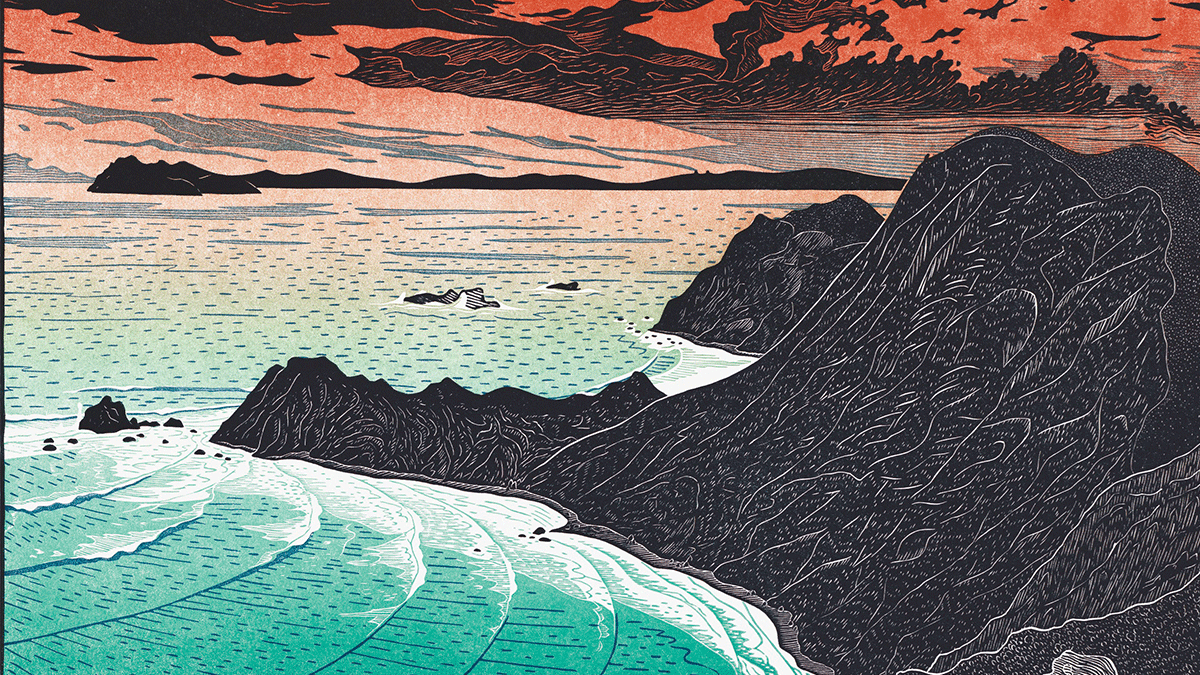 Tom Killion ‘Point Reyes from Double Point (State II).’ Three-color multi-block reduction, 1992.