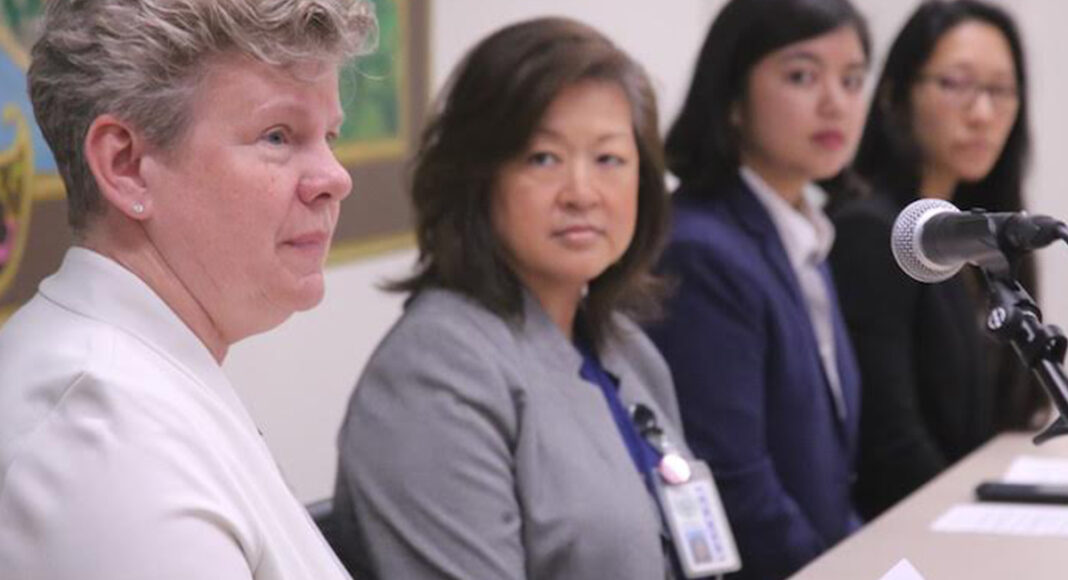 Santa Cruz County Health Officer Dr. Gail Newel, left, joins Santa Cruz County Department of Public Health Director Mimi Hall during a press conference announcing the first confirmed case of the new coronavirus in the county. PHOTO: TARMO HANNULA