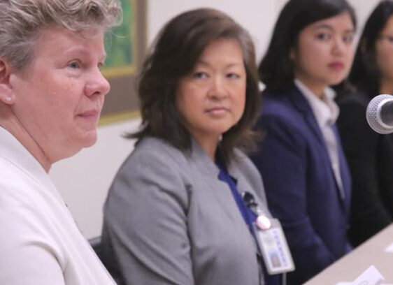 Slowing the Coronavirus’ Spread in Santa Cruz County Santa Cruz County Health Officer Dr. Gail Newel, left, joins Santa Cruz County Department of Public Health Director Mimi Hall during a press conference announcing the first confirmed case of the new coronavirus in the county. PHOTO: TARMO HANNULA