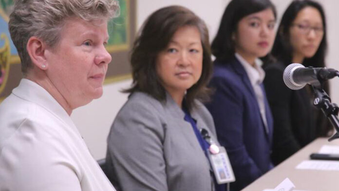 Slowing the Coronavirus’ Spread in Santa Cruz County Santa Cruz County Health Officer Dr. Gail Newel, left, joins Santa Cruz County Department of Public Health Director Mimi Hall during a press conference announcing the first confirmed case of the new coronavirus in the county. PHOTO: TARMO HANNULA