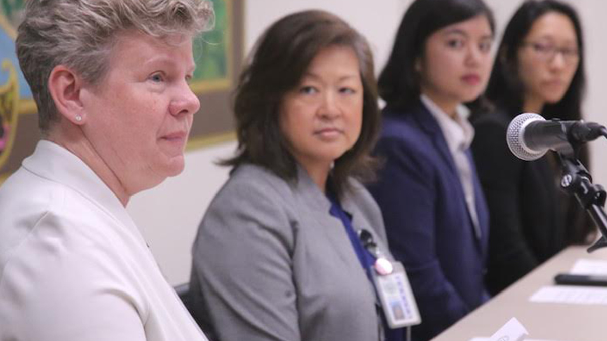 Santa Cruz County Health Officer Dr. Gail Newel, left, joins Santa Cruz County Department of Public Health Director Mimi Hall during a press conference announcing the first confirmed case of the new coronavirus in the county. PHOTO: TARMO HANNULA