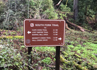Fall Creek Hike Sign in the forest listing different trails