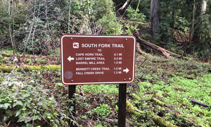 Fall Creek Hike Sign in the forest listing different trails