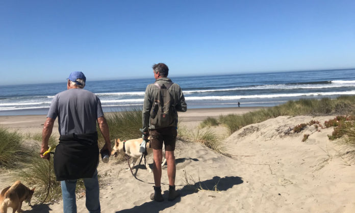 Pelicans, Pot Pipes and the Pajaro Dunes Two men walking in sand dunes near the ocean