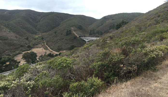 A Backside Slide Down Devil’s Slide Landscape with bridge and tunnel in the distance