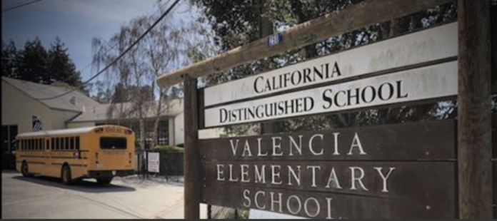 Norovirus Outbreak Closes Valencia Elementary School in Aptos School sign and a school bus