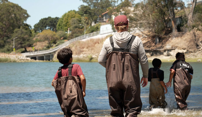 Coastal Watershed Council Finds Romance in Our River Adult and three kids wearing waders and walking in a river