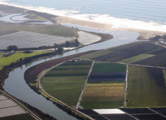 Go with the Flow Aerial view of a river flowing into the ocean, and surrounding farmlands