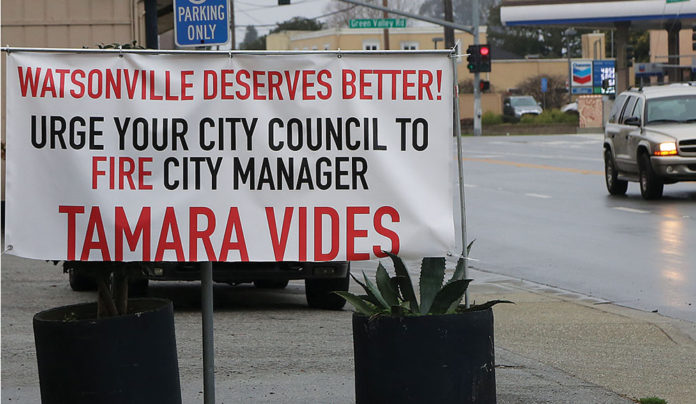 Developer Behind Signs Attacking Watsonville City Manager Sign on the street calling to replace Watsonville's city manager