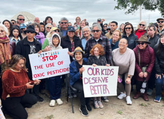Activist Dolores Huerta Speaks Out Against Pesticide Use People at an outdoor meeting with signs