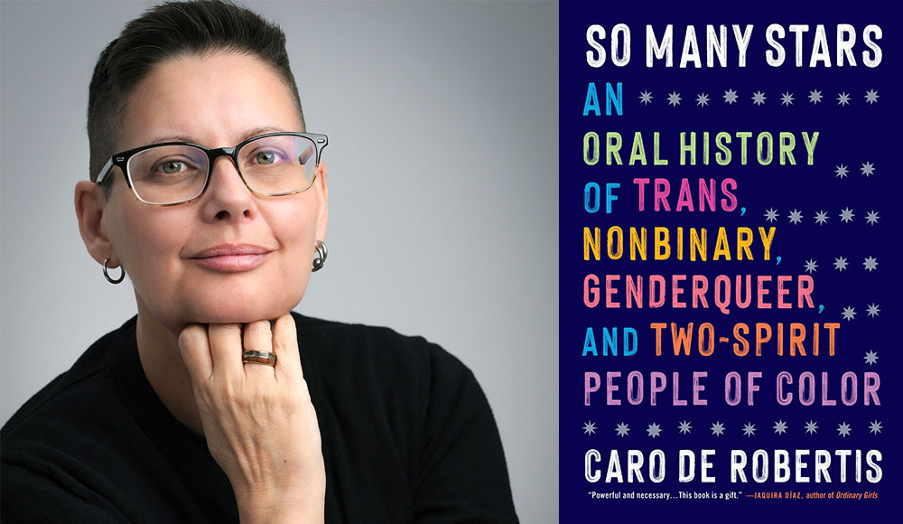 Portrait of person next to an image of a book jacket