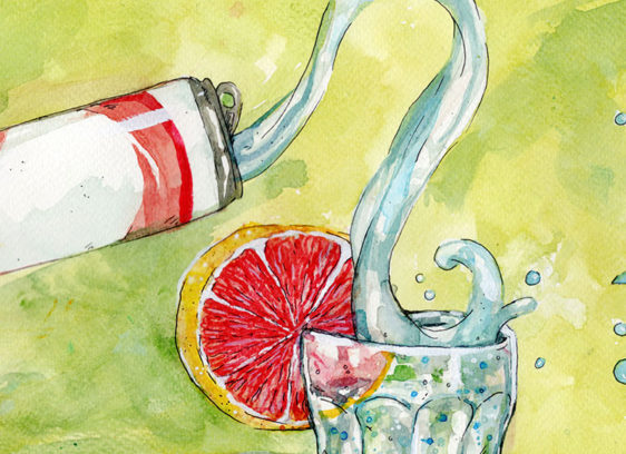Summer Buzzin’ Illustration of liquid poured from a cann into a glass garnished with a grapefruit
