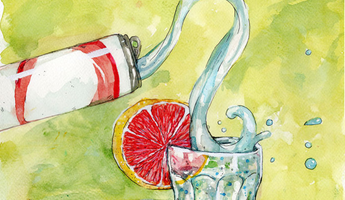 Summer Buzzin’ Illustration of liquid poured from a cann into a glass garnished with a grapefruit