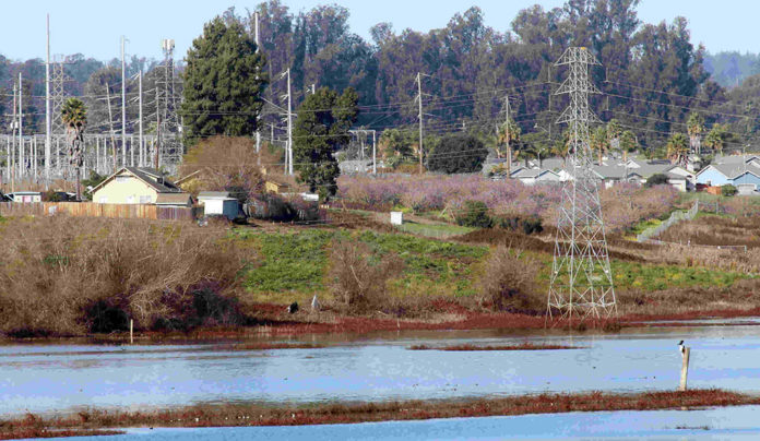 Residents Oppose New Battery Storage Facilities Lagoon area with power poles and housing alongside