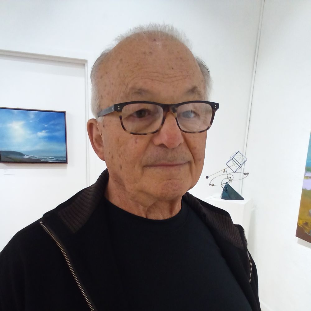 Artist Richard Rossi surrounded by paintings and sculpture at M.K. Contemporary Art