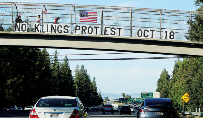 By Its Fingernailsโฆ No Kings banner over higNO KINGS A banner above Highway 17 announces Indivisible Santa Cruzโs Oct. 18 protest. Voting yes on Proposition 50 is another way to counter Trumpโs authoritarian ambitions. Photo: Tarmo Hannulahway 1 in news