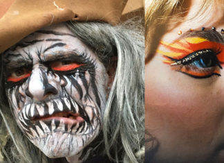 Get Your Creep On Left, skull-like death face makeup, on the right, glamour eye make-up for the movie Showgirls.