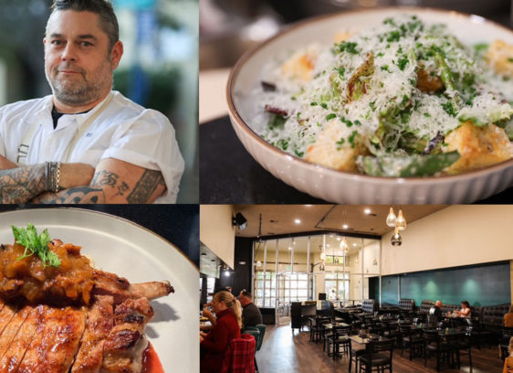 Mane Act Dining collage with HERE AND NOW Co-owner/chef Desmond Schneider, restaurant interior and two placed dishes