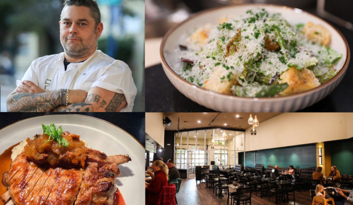 Mane Act Dining collage with HERE AND NOW Co-owner/chef Desmond Schneider, restaurant interior and two placed dishes
