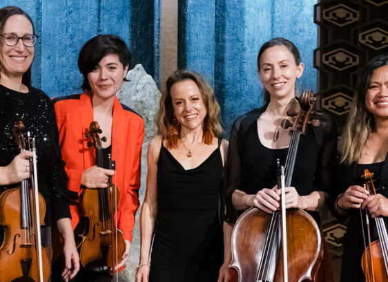 Raising the Bar Marea Ensemble members Shannon D’Antonio, Samantha Bounkeua, Lori Schulman, Kristin Garbeff and Rebecca Dulatre-Corbin pose with their string instruments wearing stylish concert dress.