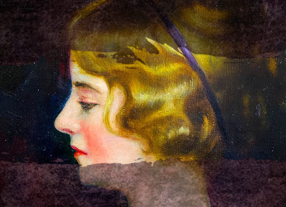 The Editor’s Desk Close-up of a woman’s painted profile showing stages of cleaning on an aged oil portrait.