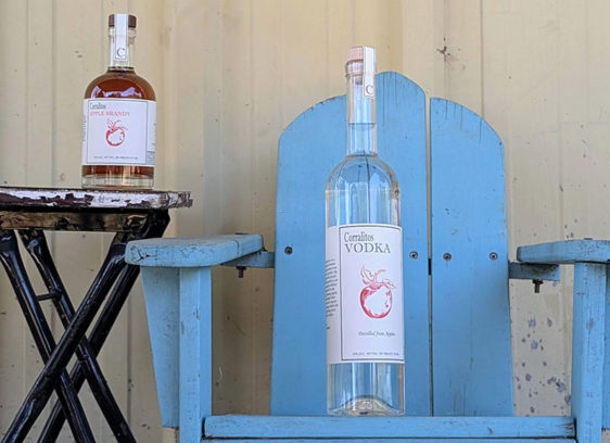Tasting Sensation Bottles of Corralitos Apple Brandy and Corralitos Vodka displayed on a rustic blue chair and small table outdoors.