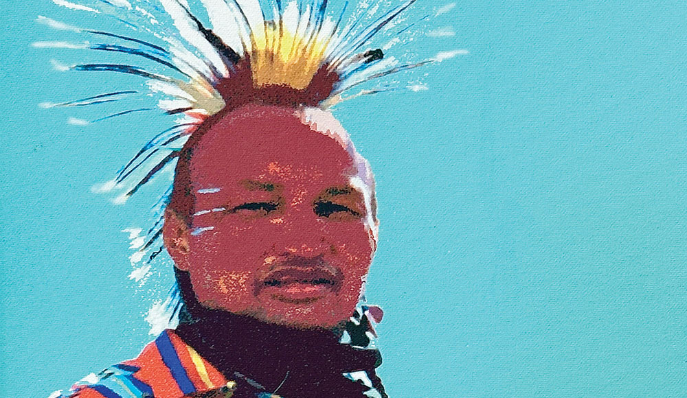 Giclée print of a Native American dancer wearing a colorful traditional outfit and feathered headdress against a bright blue sky.