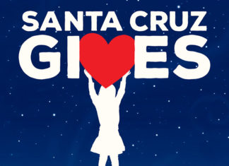 Santa Cruz Gives a Record Amount Santa Cruz Gives logo featuring a silhouette holding up a red heart against a starry blue background.
