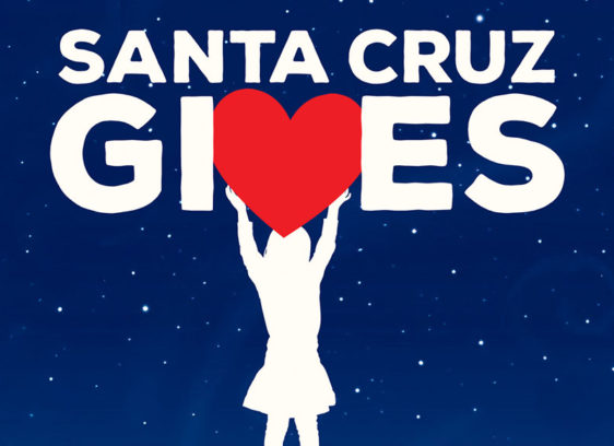 The Giving Season Santa Cruz Gives logo featuring a silhouette holding up a red heart against a starry blue background.