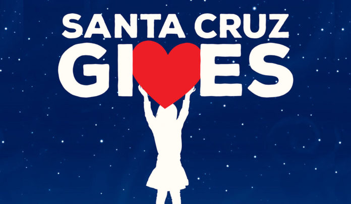 Santa Cruz Gives a Record Amount Santa Cruz Gives logo featuring a silhouette holding up a red heart against a starry blue background.