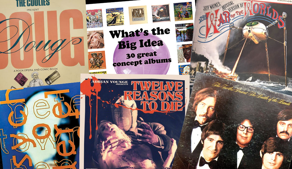 A collage of album covers featured in Bill Kopp’s book What’s the Big Idea, showcasing a variety of concept albums across genres.