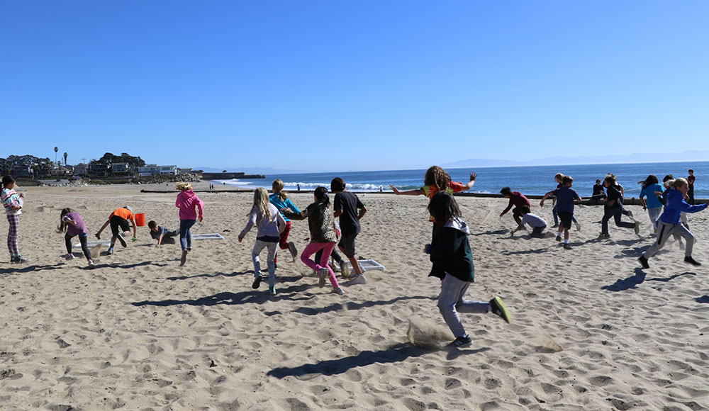 A group of children run and play across a sunny beach, with the ocean waves rolling in behind them on a clear blue-sky day.