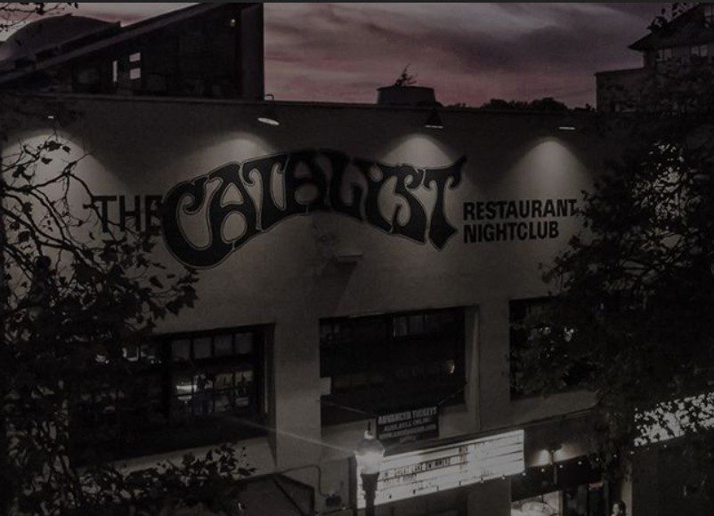 The Catalyst nightclub in downtown Santa Cruz illuminated at dusk.