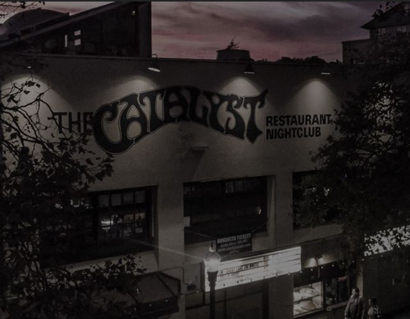 The Catalyst nightclub in downtown Santa Cruz illuminated at dusk.