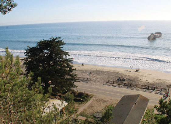 Fortifying the ‘Blue Wall’ A high bluff overlooks Seacliff State Beach with waves rolling onto the sand and the remains of the S.S. Palo Alto visible offshore on a clear, sunny day.