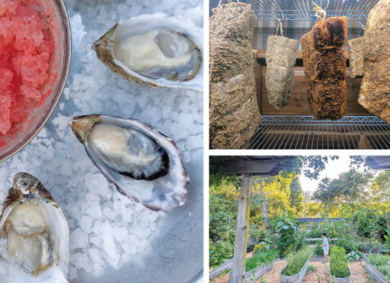 Away We Go Collage showing oysters on ice with granita, large cuts of beef dry-aging, and the garden at Home restaurant in Soquel.