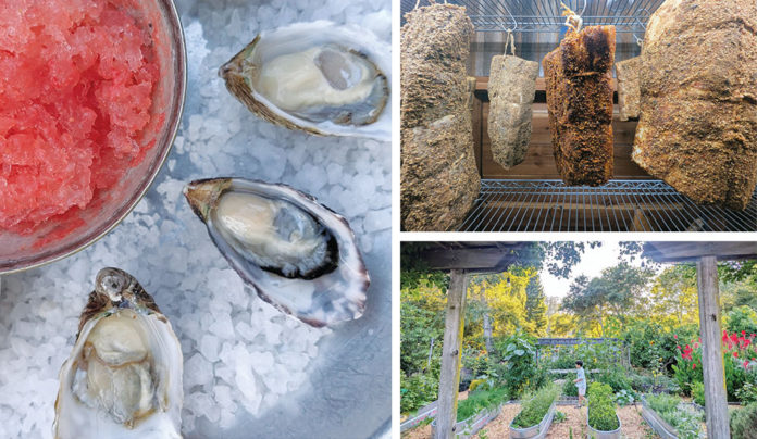 Away We Go Collage showing oysters on ice with granita, large cuts of beef dry-aging, and the garden at Home restaurant in Soquel.