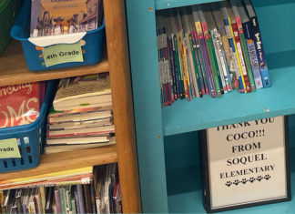 Path to Literacy Bookshelves at Soquel Elementary filled with children’s books, with a small sign reading “Thank You Coco!!! From Soquel Elementary.”
