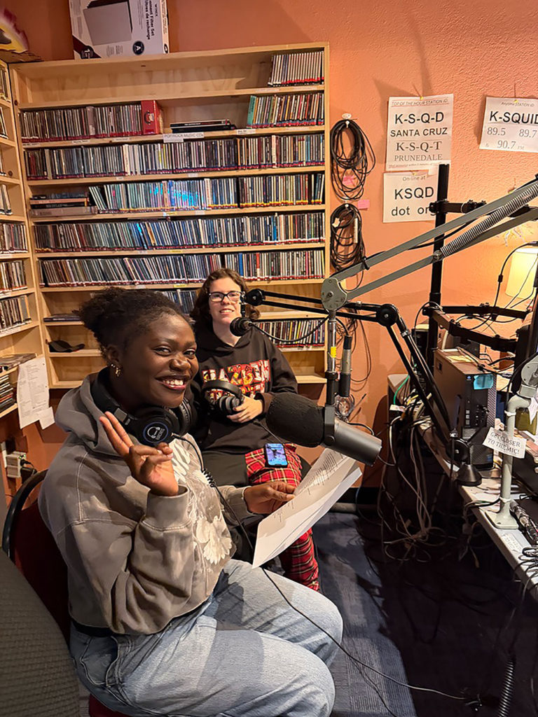 Students Vicky Tinnell and Ash Raznik speaking at KSQD radio studio