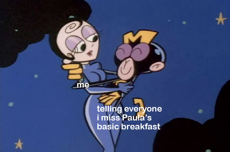 Animated cartoon couple floating in a night sky, one character cradling the other, with overlaid text referencing “Paula’s basic breakfast.”