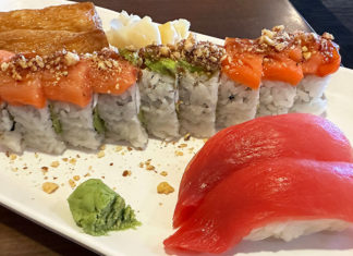 Family Affair A plate of sushi at Imura in Watsonville featuring inari, a specialty roll topped with salmon and maguro nigiri.