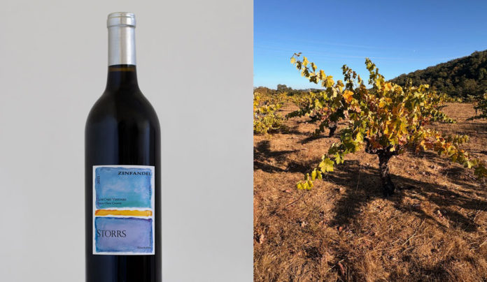Strong Finish A bottle of Storrs Winery 2021 Zinfandel alongside a vineyard scene from Lion Oaks Vineyard on the slopes of Mt. Madonna.