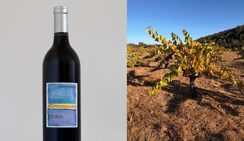 A bottle of Storrs Winery 2021 Zinfandel alongside a vineyard scene from Lion Oaks Vineyard on the slopes of Mt. Madonna.