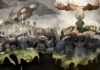 Purrfect Play Illustrated scene showing dozens of stylized cartoon animals gathered beneath a dramatic sky, with surreal and apocalyptic imagery in the background.