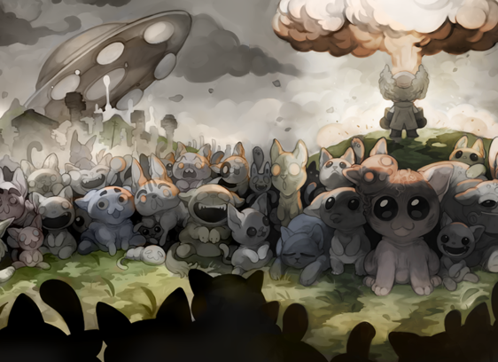 Purrfect Play Illustrated scene showing dozens of stylized cartoon animals gathered beneath a dramatic sky, with surreal and apocalyptic imagery in the background.